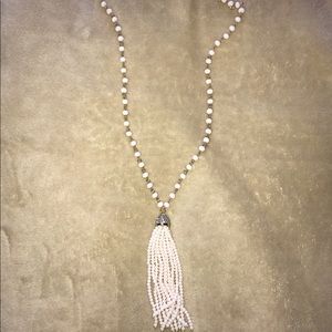 Cream crystal beaded tassel long pendant necklace